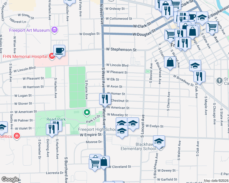 map of restaurants, bars, coffee shops, grocery stores, and more near 762 West Avon Street in Freeport