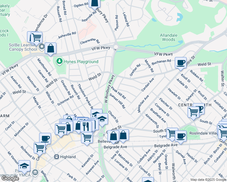 map of restaurants, bars, coffee shops, grocery stores, and more near 388 West Roxbury Parkway in Boston