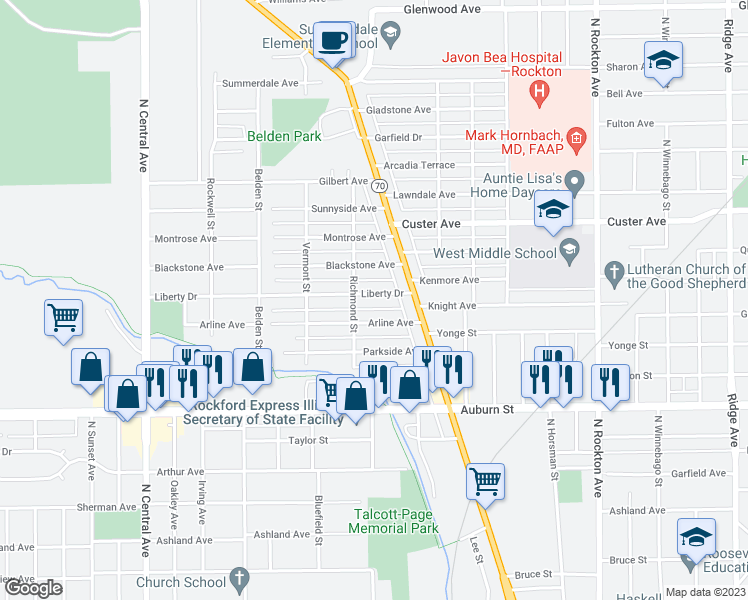 map of restaurants, bars, coffee shops, grocery stores, and more near 3134 Liberty Drive in Rockford