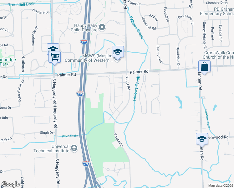 map of restaurants, bars, coffee shops, grocery stores, and more near 40464 Glen Eagle Lane in Canton