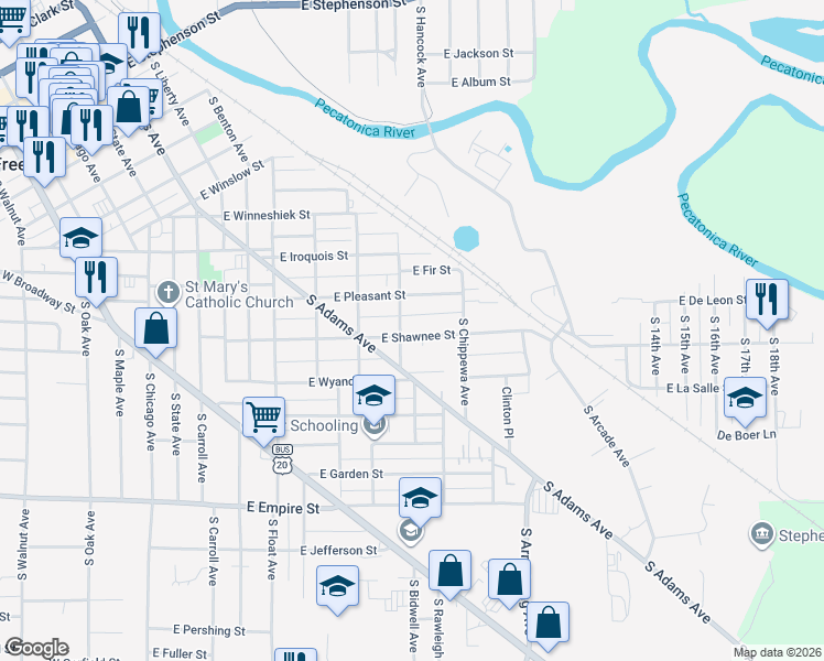 map of restaurants, bars, coffee shops, grocery stores, and more near 827 East Pleasant Street in Freeport