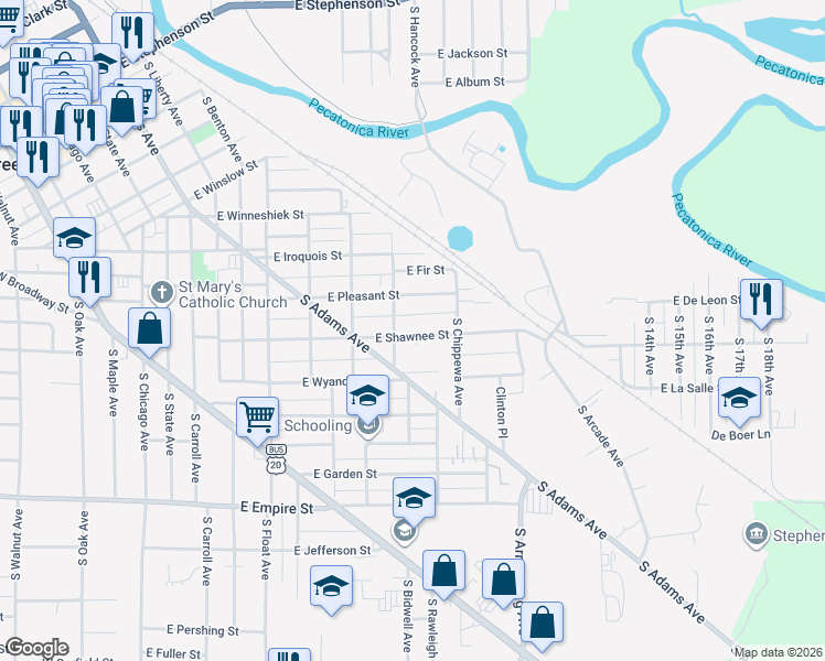 map of restaurants, bars, coffee shops, grocery stores, and more near 827 East Pleasant Street in Freeport