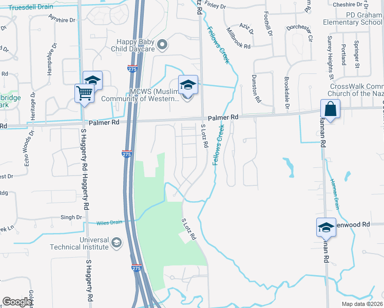 map of restaurants, bars, coffee shops, grocery stores, and more near 40464 Glen Eagle Lane in Canton