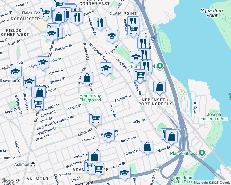 map of restaurants, bars, coffee shops, grocery stores, and more near 22 North Munroe Terrace in Boston