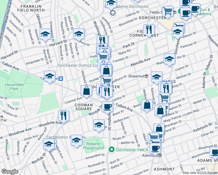 map of restaurants, bars, coffee shops, grocery stores, and more near in Boston