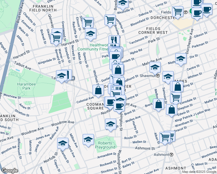 map of restaurants, bars, coffee shops, grocery stores, and more near 22 Rosedale Street in Boston