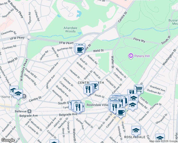 map of restaurants, bars, coffee shops, grocery stores, and more near 51 Knoll Street in Boston