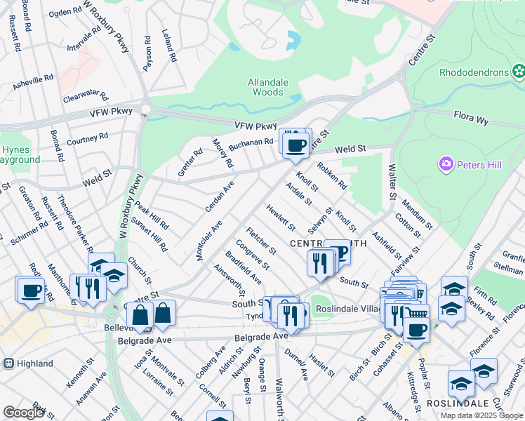 map of restaurants, bars, coffee shops, grocery stores, and more near 1471 Centre Street in Boston