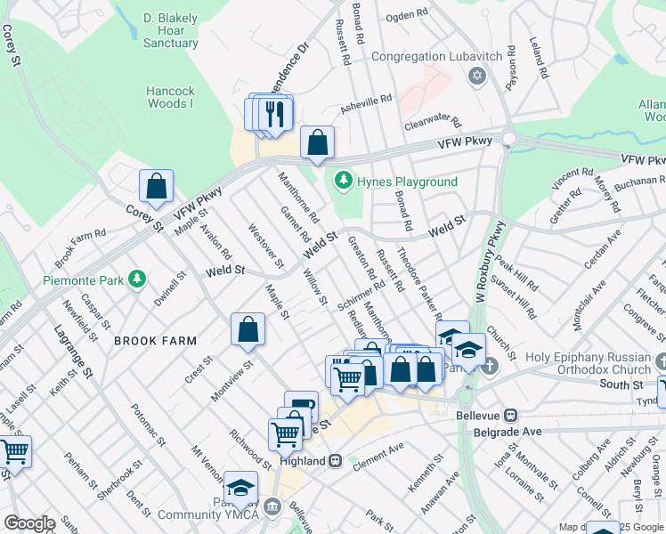map of restaurants, bars, coffee shops, grocery stores, and more near 36 Alameda Road in Boston
