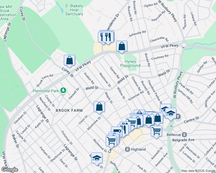 map of restaurants, bars, coffee shops, grocery stores, and more near 29 Westover Street in Boston