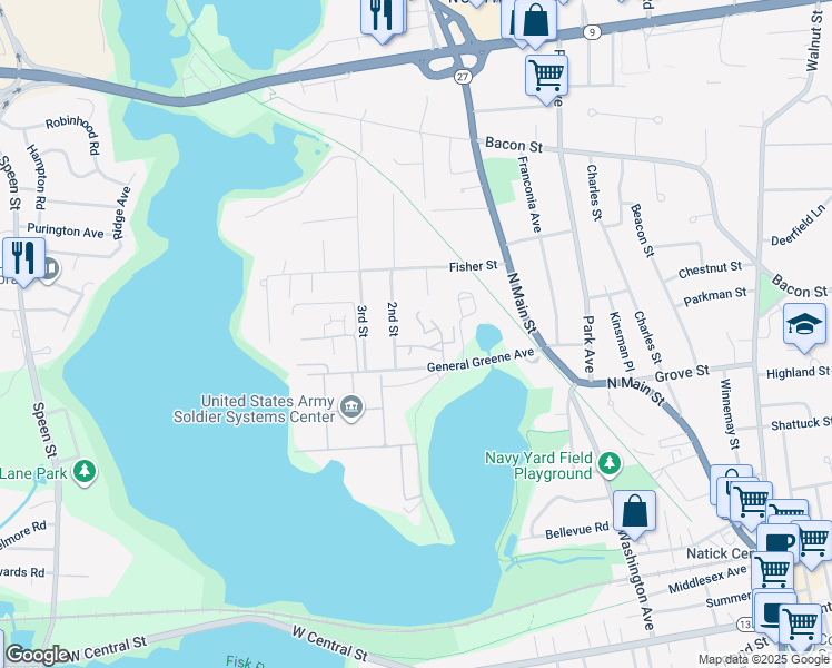 map of restaurants, bars, coffee shops, grocery stores, and more near 24 Lakeview Gardens in Natick