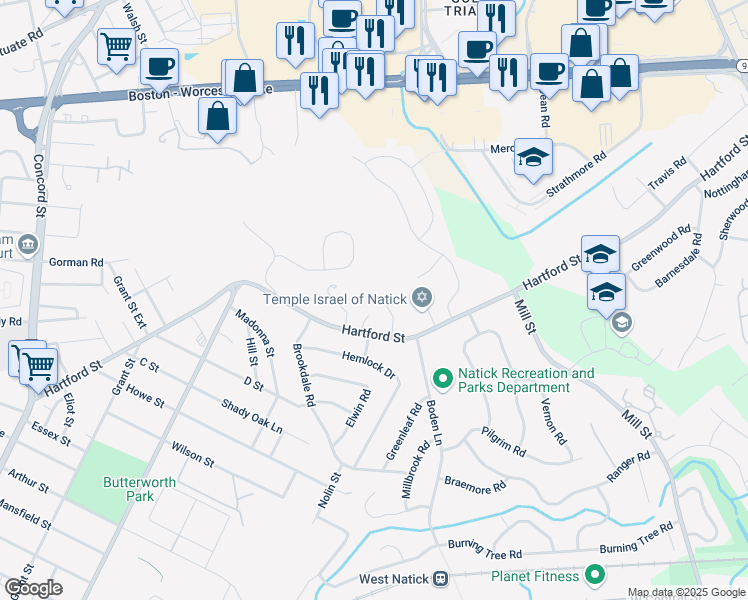 map of restaurants, bars, coffee shops, grocery stores, and more near 9 Blueberry Hill Road in Natick