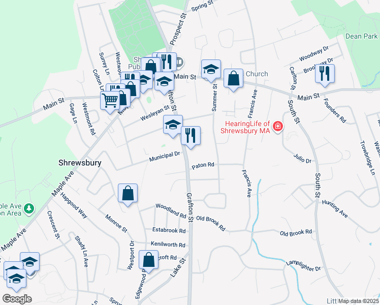 map of restaurants, bars, coffee shops, grocery stores, and more near 59 Grafton Street in Shrewsbury