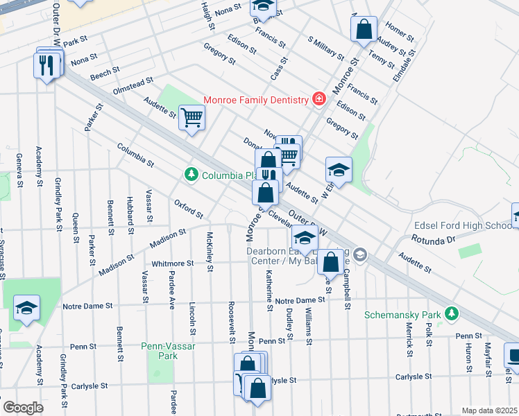 map of restaurants, bars, coffee shops, grocery stores, and more near 22100 Cleveland Street in Dearborn