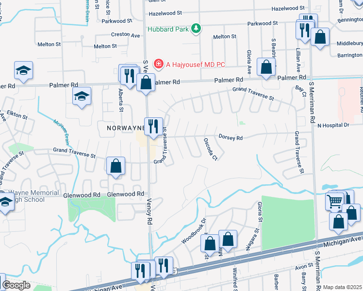 map of restaurants, bars, coffee shops, grocery stores, and more near 32604 Montmorency in Westland