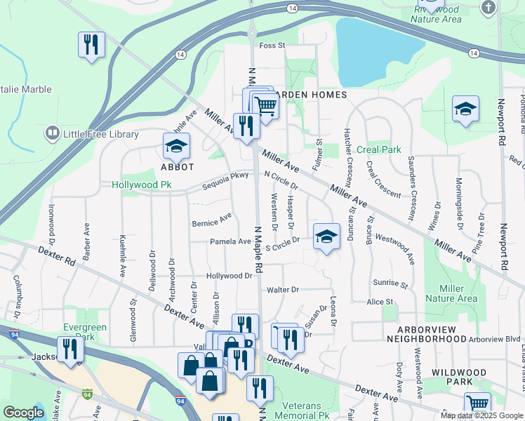 map of restaurants, bars, coffee shops, grocery stores, and more near 1111 North Maple Road in Ann Arbor