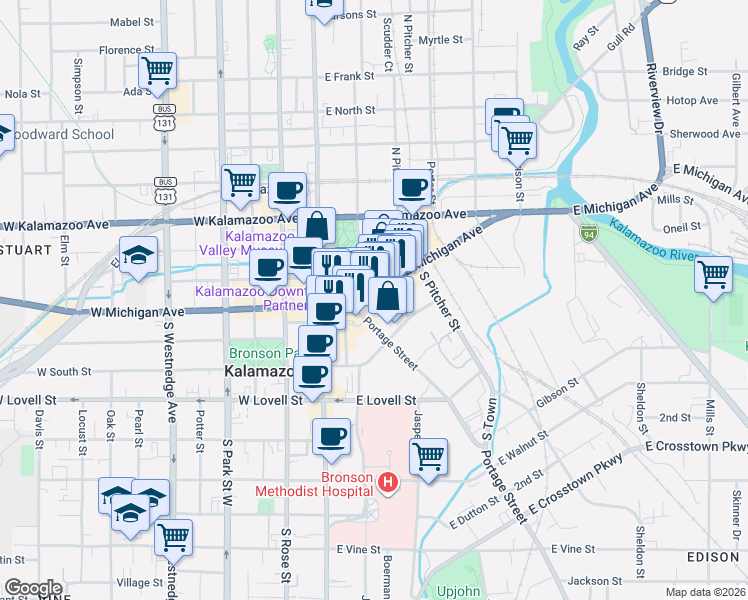 map of restaurants, bars, coffee shops, grocery stores, and more near 241 East Michigan Avenue in Kalamazoo