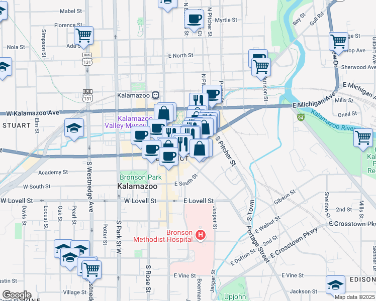 map of restaurants, bars, coffee shops, grocery stores, and more near 241 East Michigan Avenue in Kalamazoo