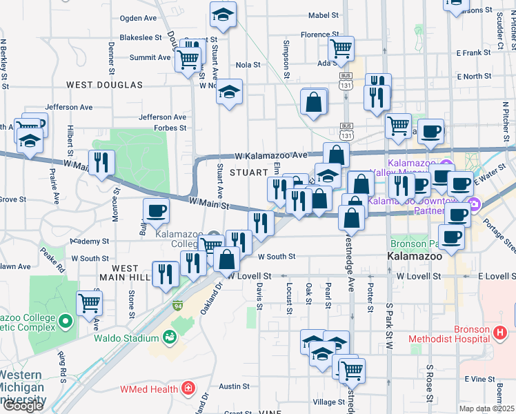 map of restaurants, bars, coffee shops, grocery stores, and more near 211 Woodward Avenue in Kalamazoo