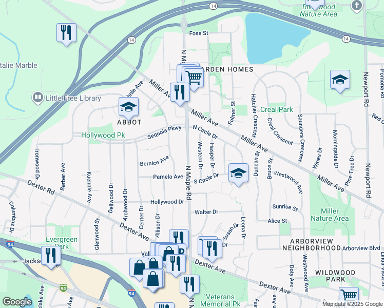 map of restaurants, bars, coffee shops, grocery stores, and more near 1111 North Maple Road in Ann Arbor
