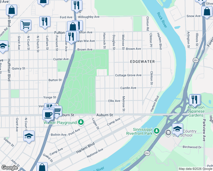 map of restaurants, bars, coffee shops, grocery stores, and more near 1918 Hancock Street in Rockford