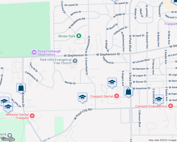 map of restaurants, bars, coffee shops, grocery stores, and more near 650 South Greenfield Drive in Freeport