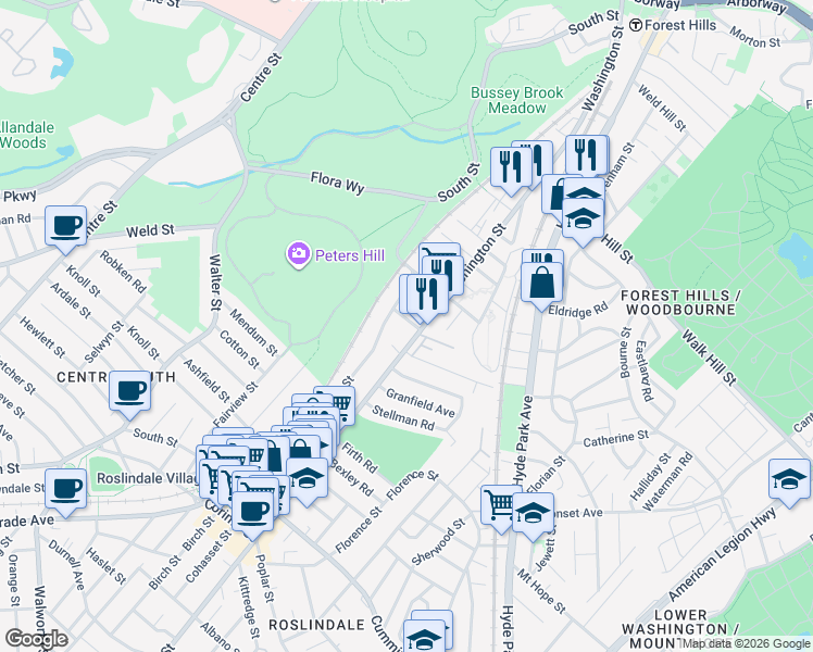 map of restaurants, bars, coffee shops, grocery stores, and more near 12 Mosgrove Avenue in Boston