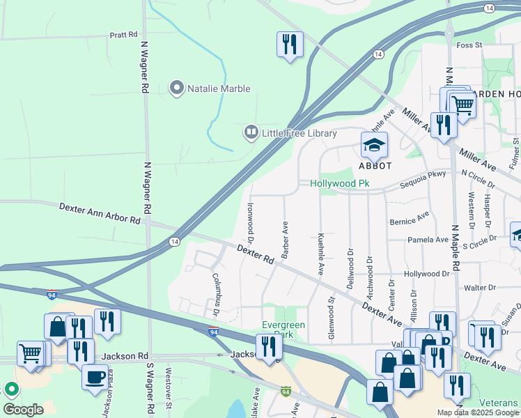 map of restaurants, bars, coffee shops, grocery stores, and more near 686 Ironwood Drive in Ann Arbor