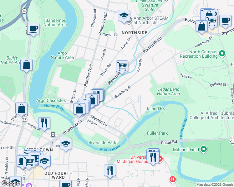 map of restaurants, bars, coffee shops, grocery stores, and more near 1327 Jones Drive in Ann Arbor