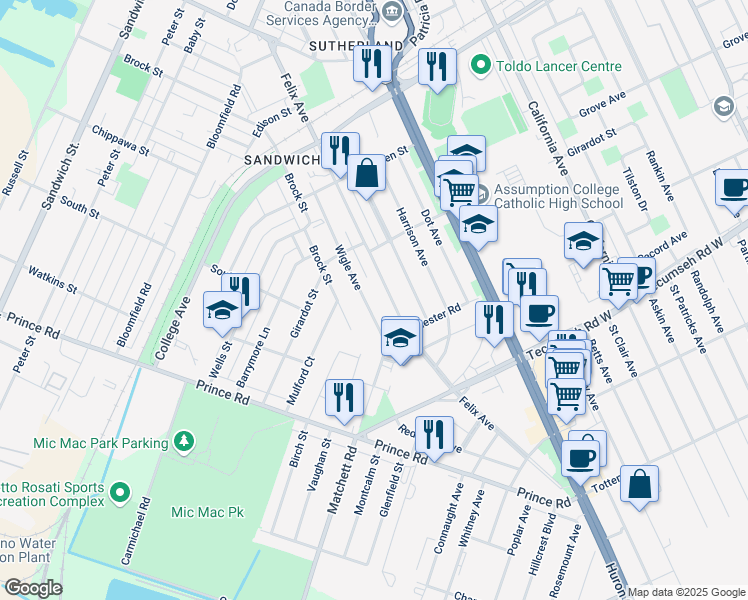 map of restaurants, bars, coffee shops, grocery stores, and more near in Windsor