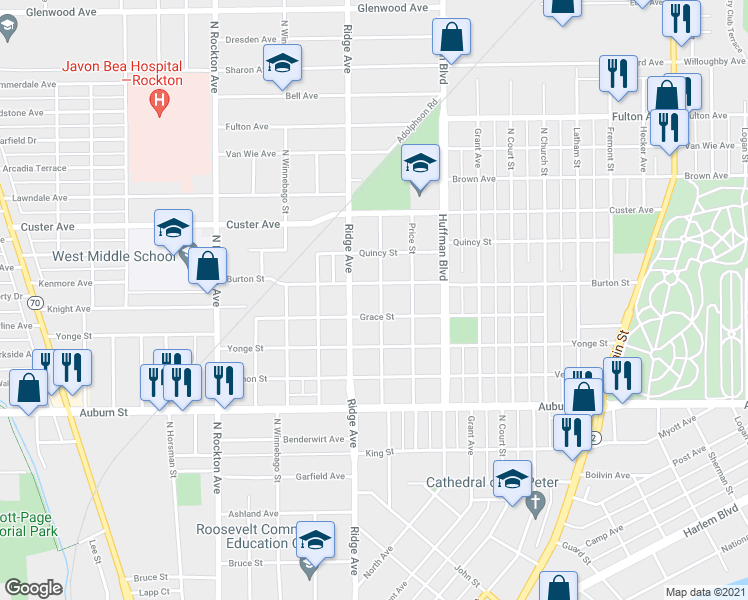 map of restaurants, bars, coffee shops, grocery stores, and more near 1814 Bruner Street in Rockford