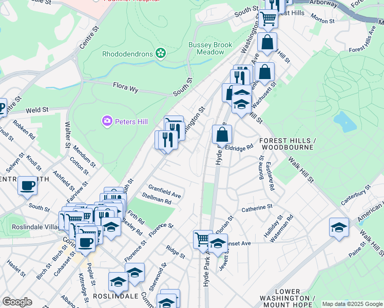 map of restaurants, bars, coffee shops, grocery stores, and more near 125 Brookway Road in Boston
