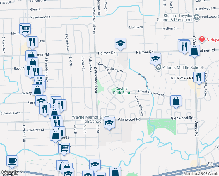 map of restaurants, bars, coffee shops, grocery stores, and more near 2313 Deerfield Court in Westland