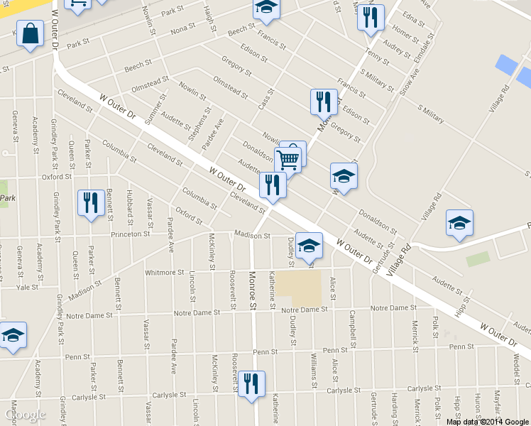map of restaurants, bars, coffee shops, grocery stores, and more near in Dearborn