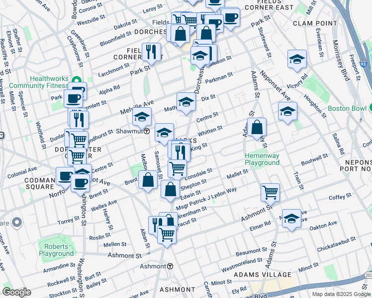 map of restaurants, bars, coffee shops, grocery stores, and more near in Boston