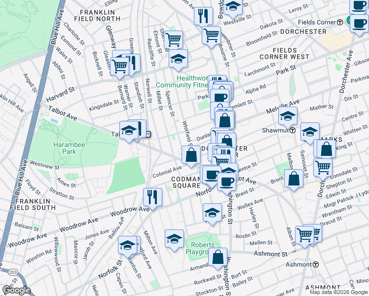 map of restaurants, bars, coffee shops, grocery stores, and more near 87 Whitfield Street in Boston