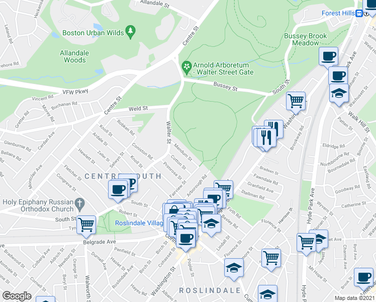 map of restaurants, bars, coffee shops, grocery stores, and more near 29 Mendum Street in Boston