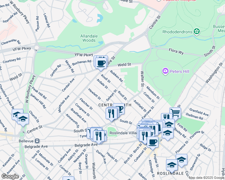 map of restaurants, bars, coffee shops, grocery stores, and more near 51 Knoll Street in Boston
