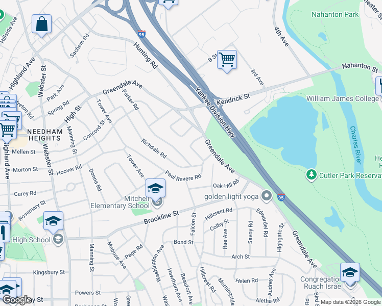map of restaurants, bars, coffee shops, grocery stores, and more near 29 Rosalie Road in Needham