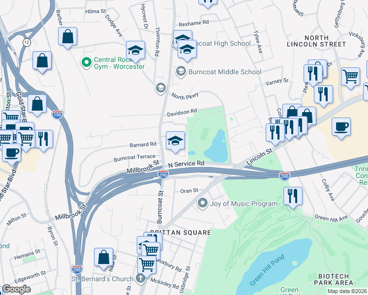 map of restaurants, bars, coffee shops, grocery stores, and more near 16 Belvidere Avenue in Worcester