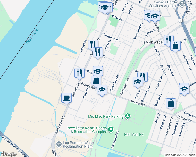 map of restaurants, bars, coffee shops, grocery stores, and more near in Windsor
