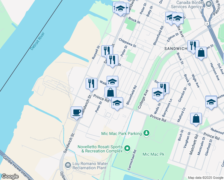 map of restaurants, bars, coffee shops, grocery stores, and more near in Windsor