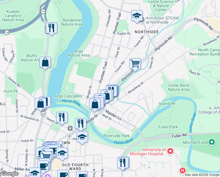 map of restaurants, bars, coffee shops, grocery stores, and more near 1223 Traver Street in Ann Arbor