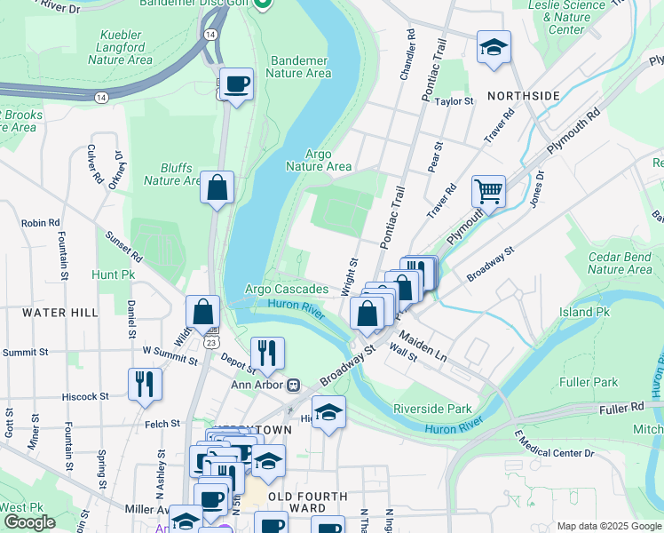map of restaurants, bars, coffee shops, grocery stores, and more near 420 Kellogg Street in Ann Arbor