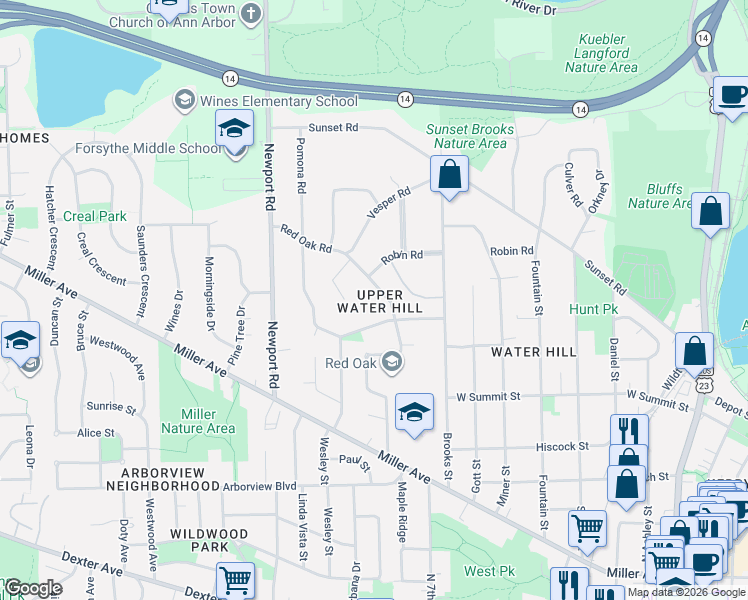 map of restaurants, bars, coffee shops, grocery stores, and more near in Ann Arbor