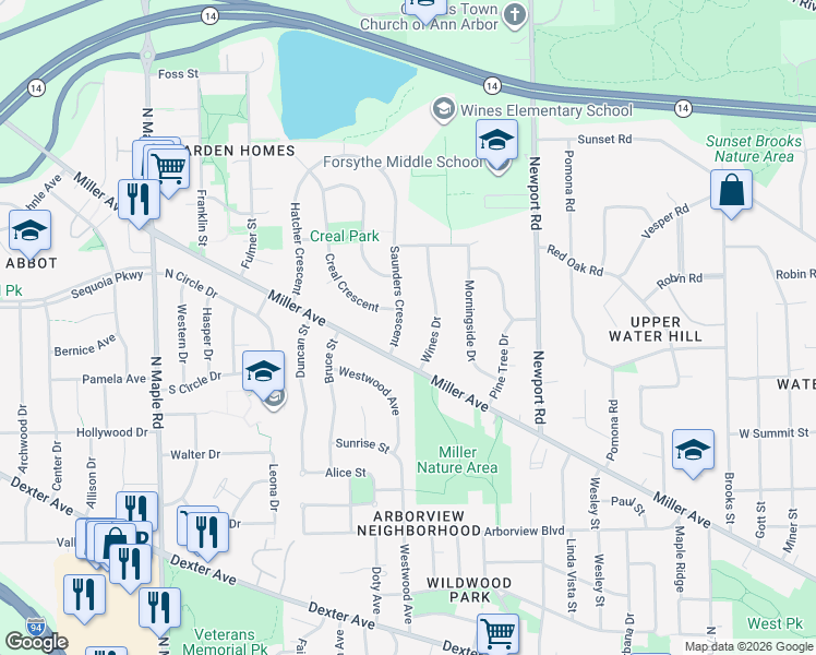 map of restaurants, bars, coffee shops, grocery stores, and more near 1200 Saunders Crescent in Ann Arbor