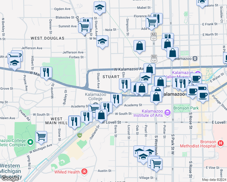 map of restaurants, bars, coffee shops, grocery stores, and more near 211 Woodward Avenue in Kalamazoo