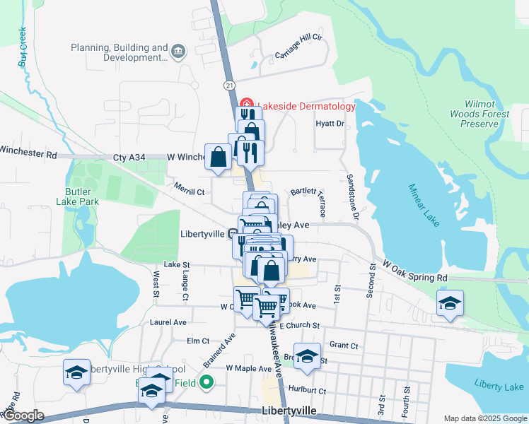 map of restaurants, bars, coffee shops, grocery stores, and more near 915 Bartlett Terrace in Libertyville