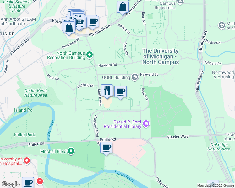 map of restaurants, bars, coffee shops, grocery stores, and more near 1230 Murfin Avenue in Ann Arbor