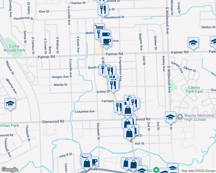 map of restaurants, bars, coffee shops, grocery stores, and more near 2220 South Wayne Road in Westland